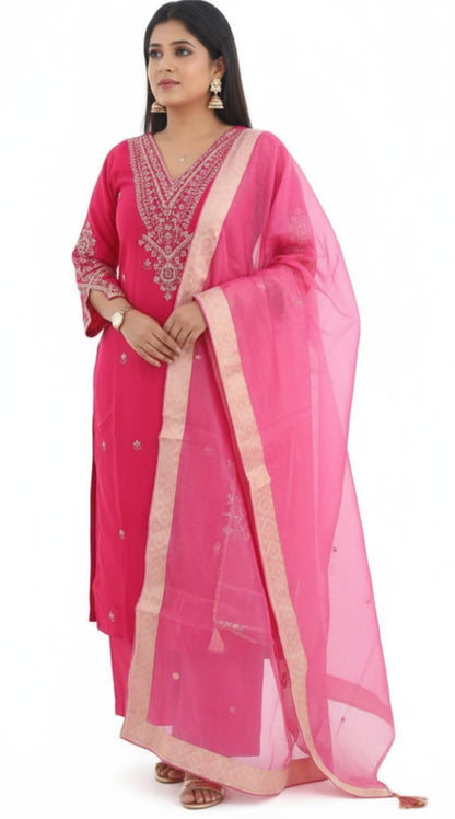 Roman Silk Fabric Heavy Hand adda Work all over ,Complete Lining Attached , Pant and Fancy Digital Organza Dupatta