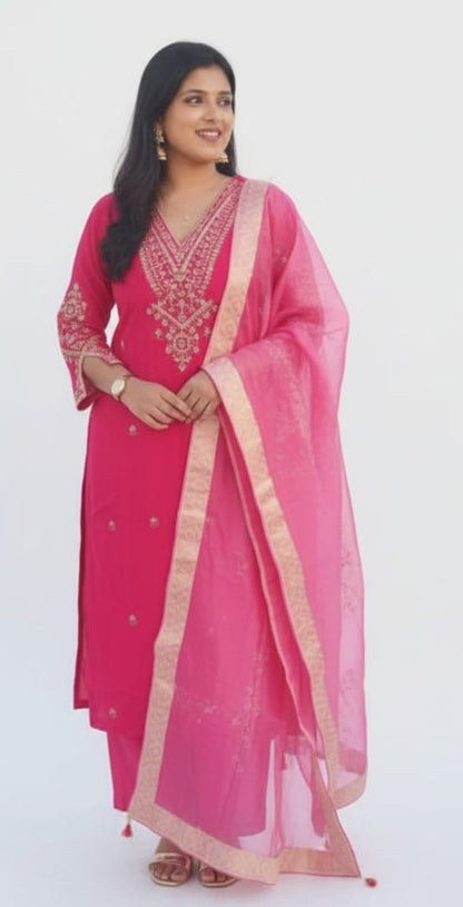 Roman Silk Fabric Heavy Hand adda Work all over ,Complete Lining Attached , Pant and Fancy Digital Organza Dupatta