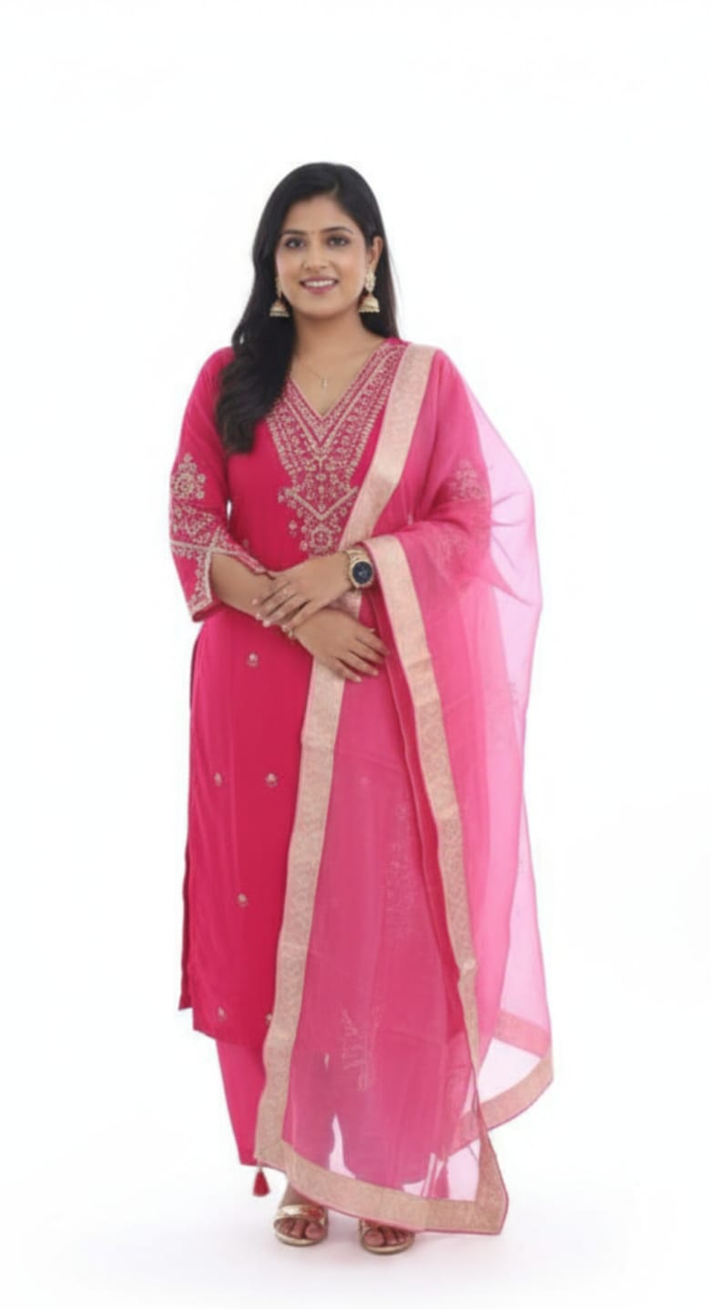 Roman Silk Fabric Heavy Hand adda Work all over ,Complete Lining Attached , Pant and Fancy Digital Organza Dupatta