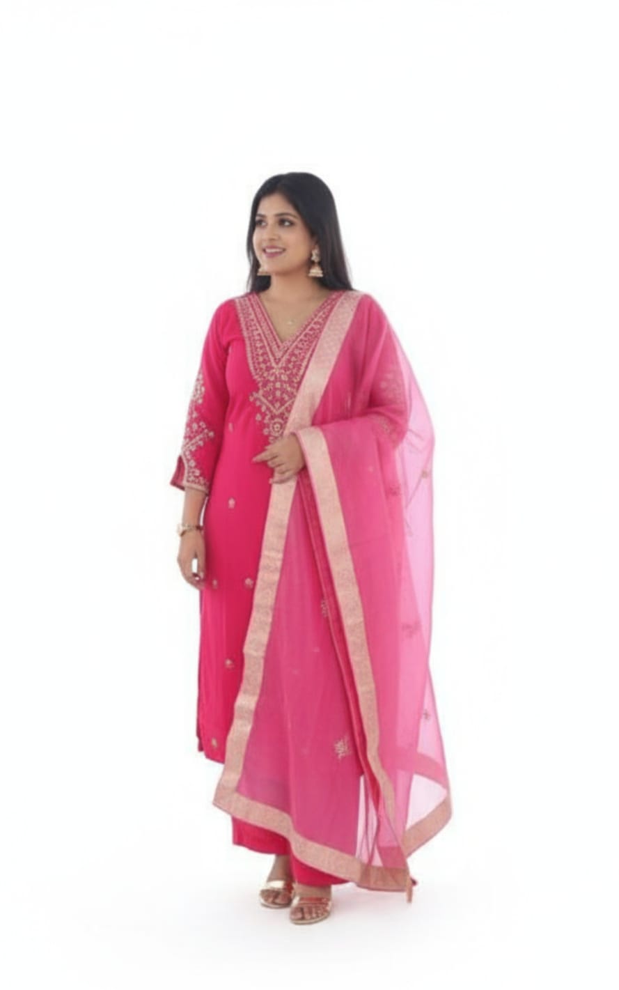 Roman Silk Fabric Heavy Hand adda Work all over ,Complete Lining Attached , Pant and Fancy Digital Organza Dupatta