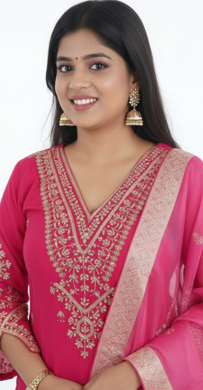 Roman Silk Fabric Heavy Hand adda Work all over ,Complete Lining Attached , Pant and Fancy Digital Organza Dupatta