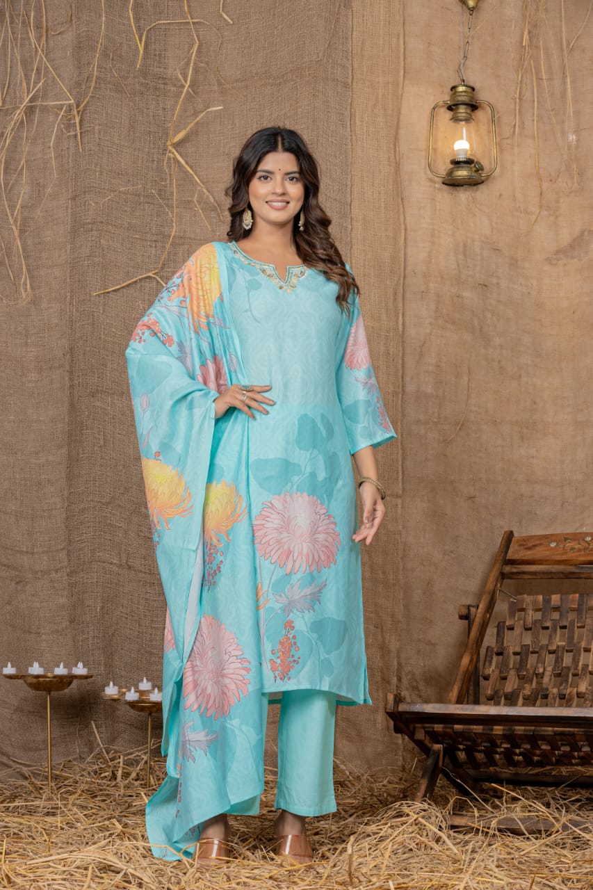 Premium Sky Blue Suit Digital Print Vatican Silk Fabric Suit, Pant and Fancy Dupatta.