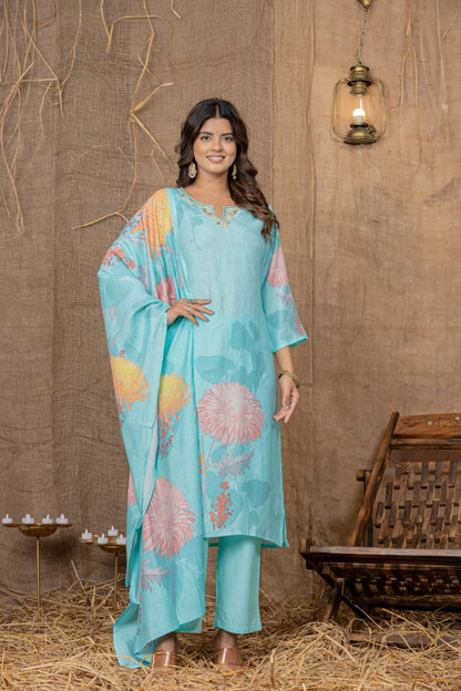 Premium Sky Blue Suit Digital Print Vatican Silk Fabric Suit, Pant and Fancy Dupatta.