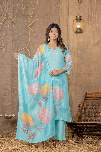 Premium Sky Blue Suit Digital Print Vatican Silk Fabric Suit, Pant and Fancy Dupatta.