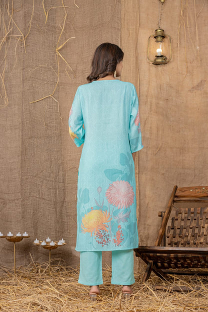 Premium Sky Blue Suit Digital Print Vatican Silk Fabric Suit, Pant and Fancy Dupatta.