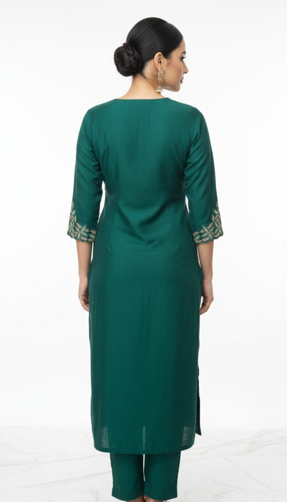 Pure Silk Fabric, Bottle Green Suit Set with Zari Heavy Dupatta.