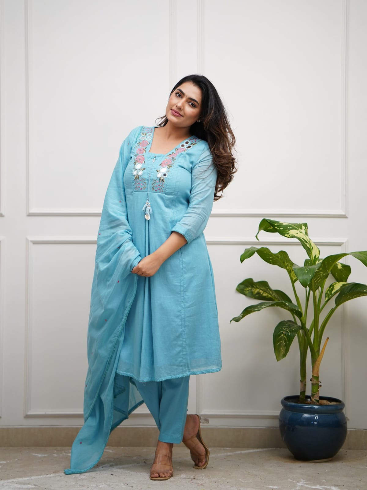 Sky Blue A-Line Kurta Set with Floral Embroidery and Dupatta