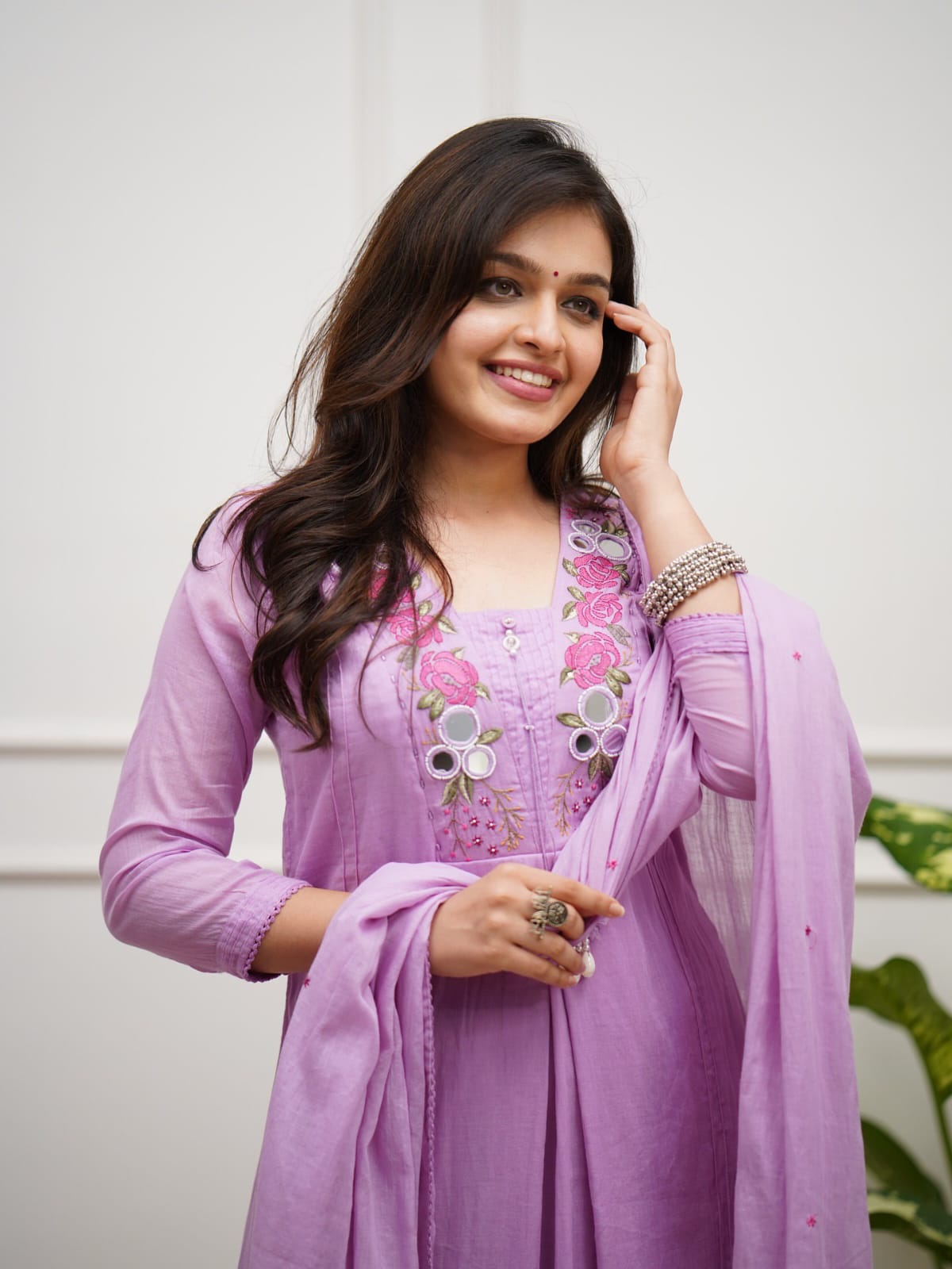 Sky Pink A-Line Kurta Set with Floral Embroidery and Dupatta
