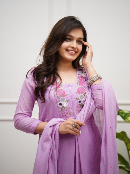 Sky Pink A-Line Kurta Set with Floral Embroidery and Dupatta