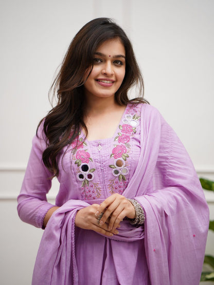 Sky Pink A-Line Kurta Set with Floral Embroidery and Dupatta