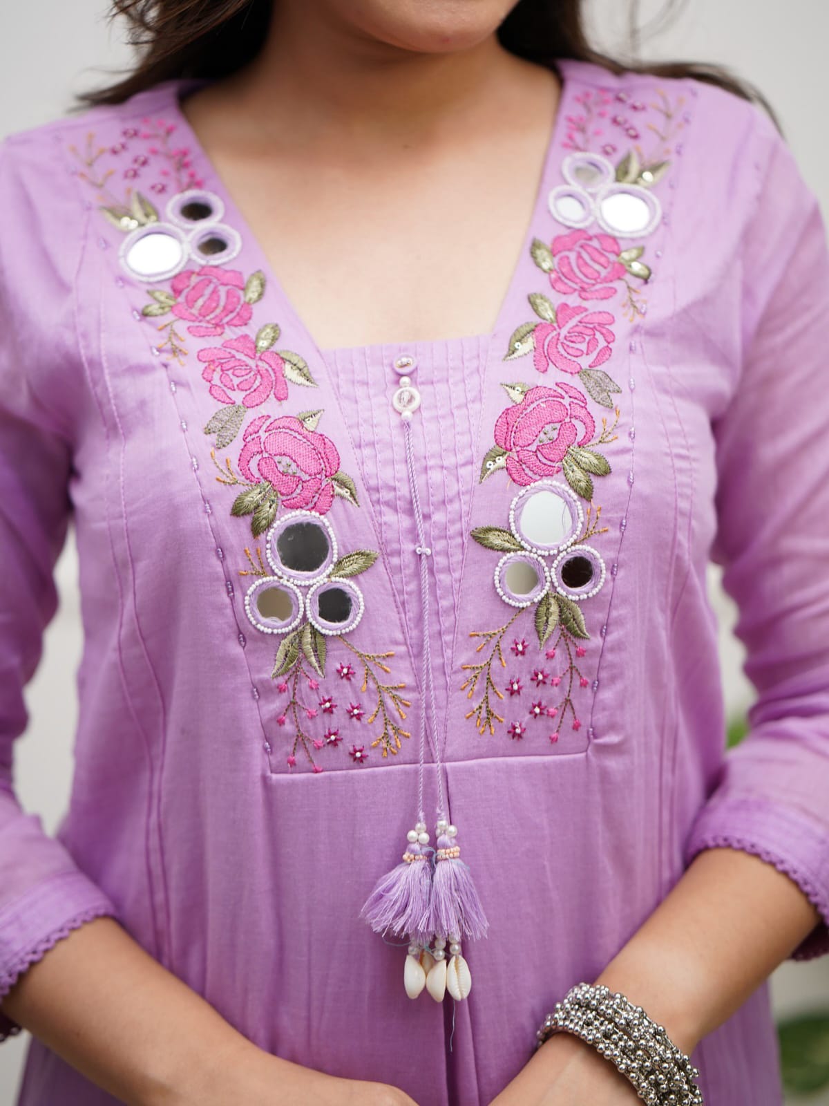 Sky Pink A-Line Kurta Set with Floral Embroidery and Dupatta