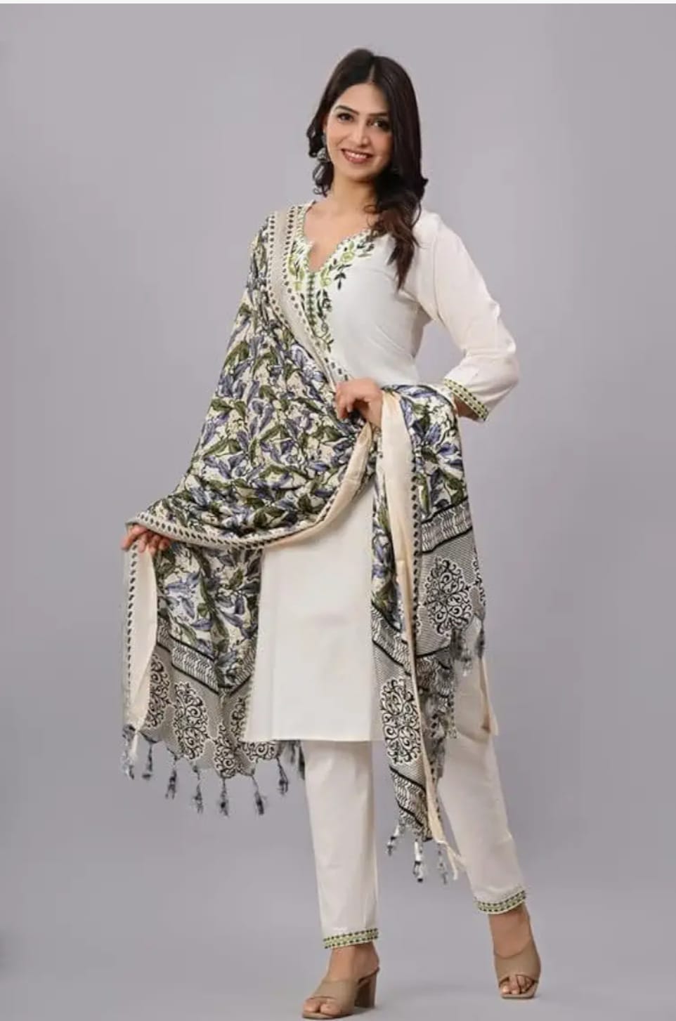 Elegant Ivory Cotton Suit with Green Floral Embroidery and Indigo Printed Dupatta