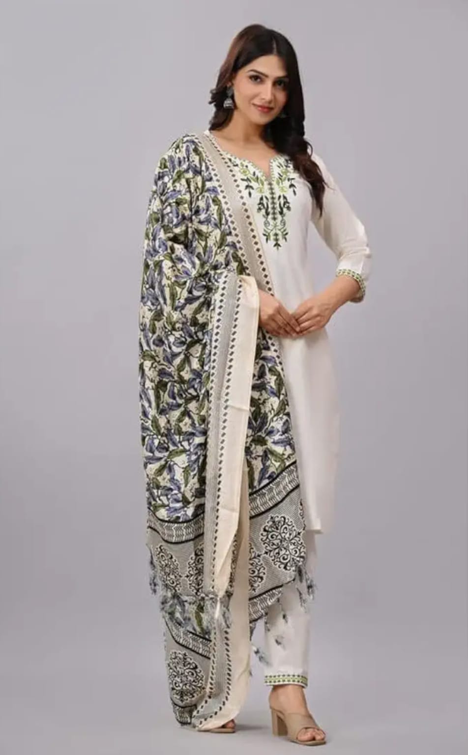 Elegant Ivory Cotton Suit with Green Floral Embroidery and Indigo Printed Dupatta