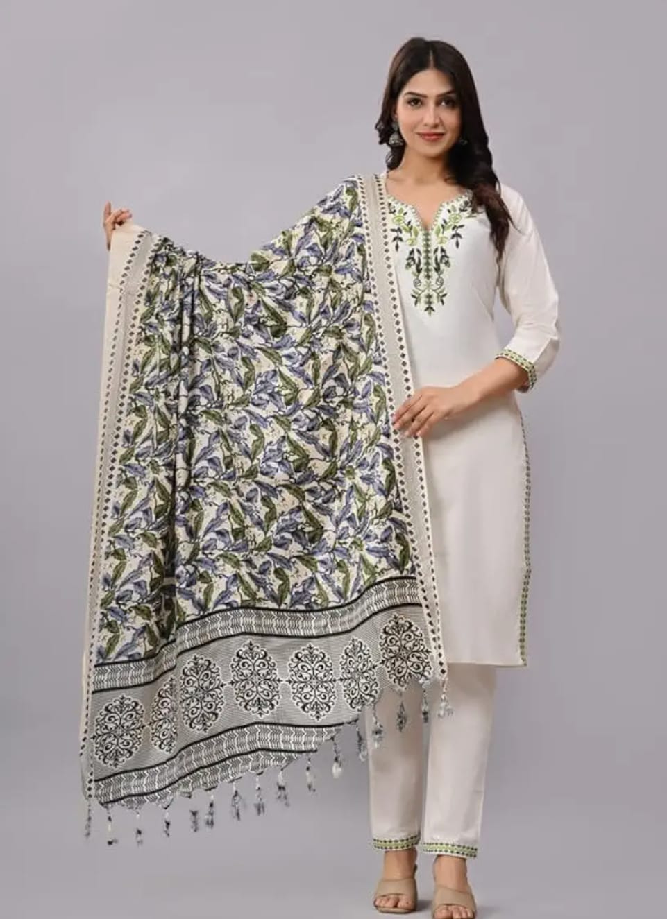 Elegant Ivory Cotton Suit with Green Floral Embroidery and Indigo Printed Dupatta