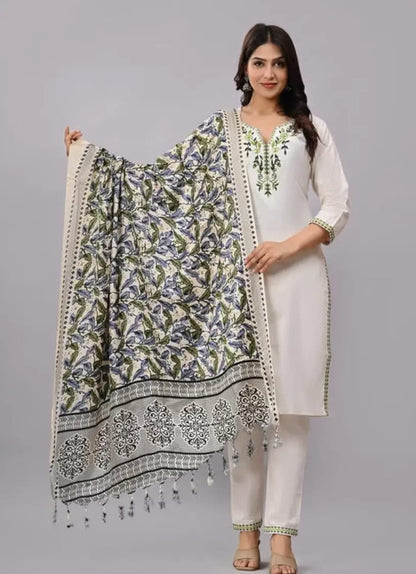 Elegant Ivory Cotton Suit with Green Floral Embroidery and Indigo Printed Dupatta