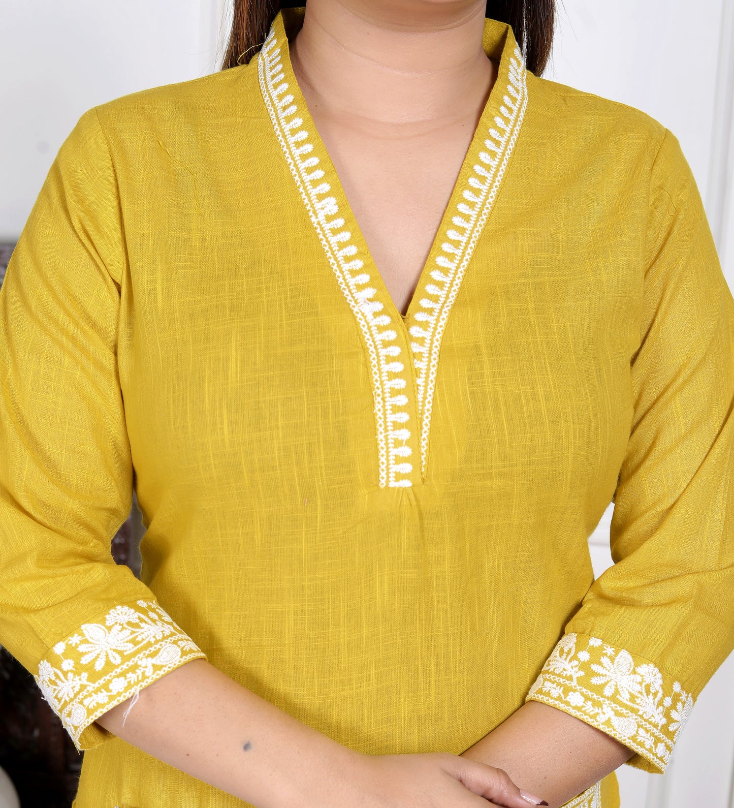 Women’s Mustard Yellow Embroidered Cotton Kurta Set with Straight Pants