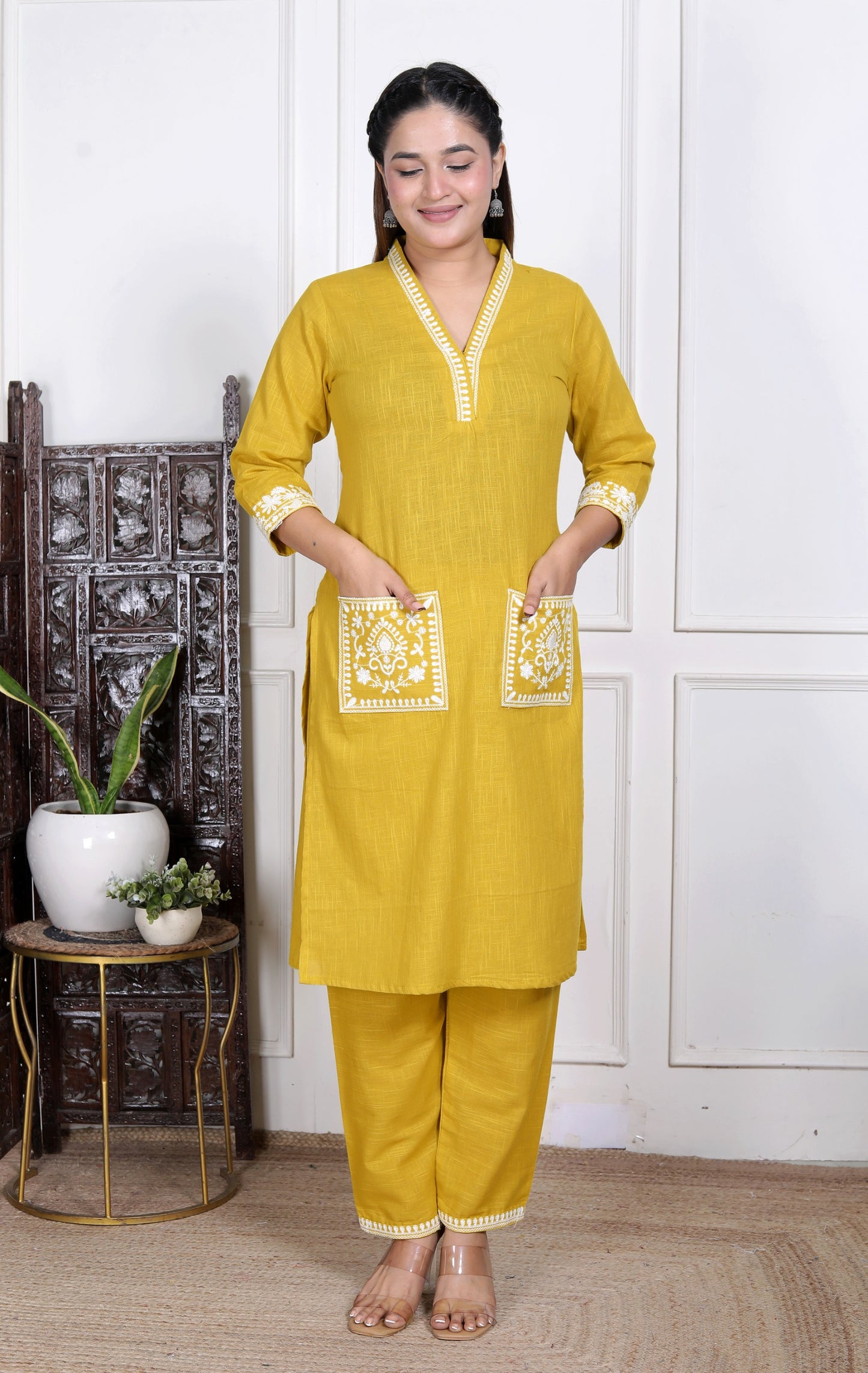 Women’s Mustard Yellow Embroidered Cotton Kurta Set with Straight Pants