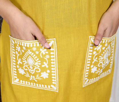 Women’s Mustard Yellow Embroidered Cotton Kurta Set with Straight Pants