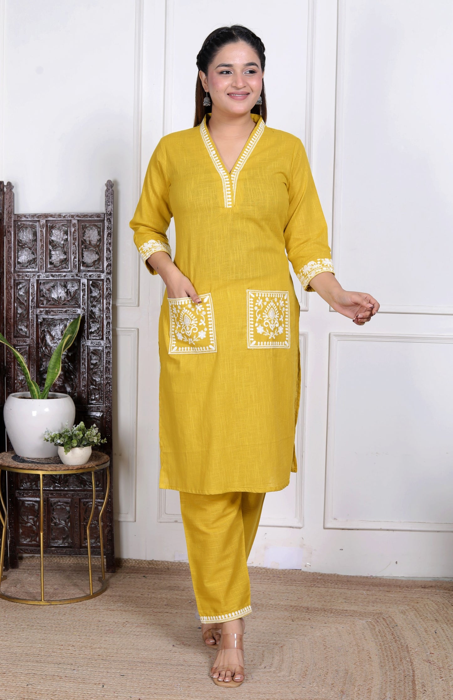 Women’s Mustard Yellow Embroidered Cotton Kurta Set with Straight Pants