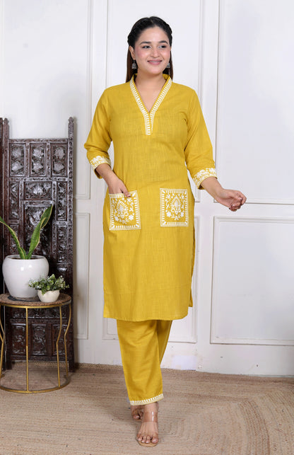 Women’s Mustard Yellow Embroidered Cotton Kurta Set with Straight Pants