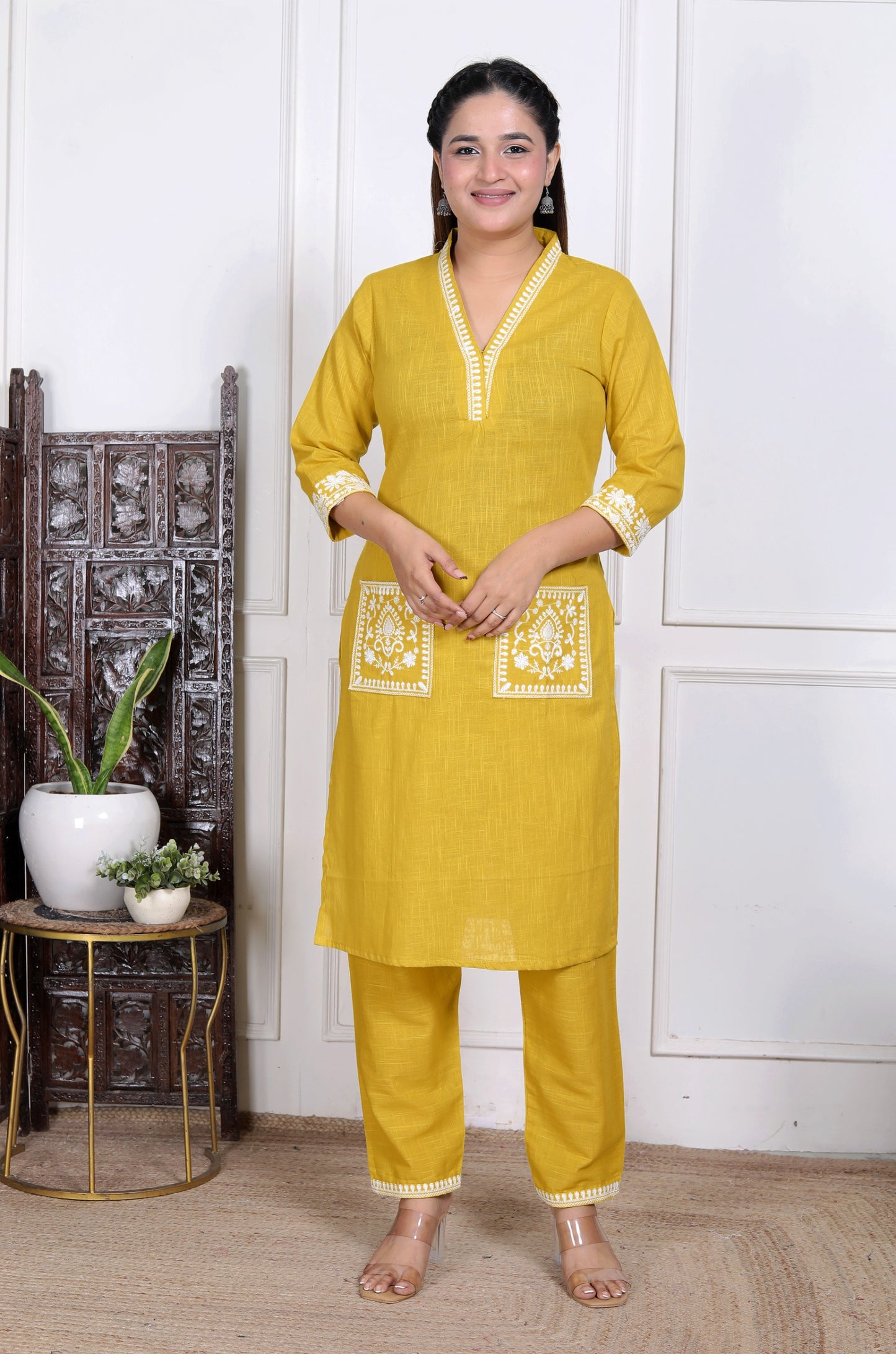 Women’s Mustard Yellow Embroidered Cotton Kurta Set with Straight Pants