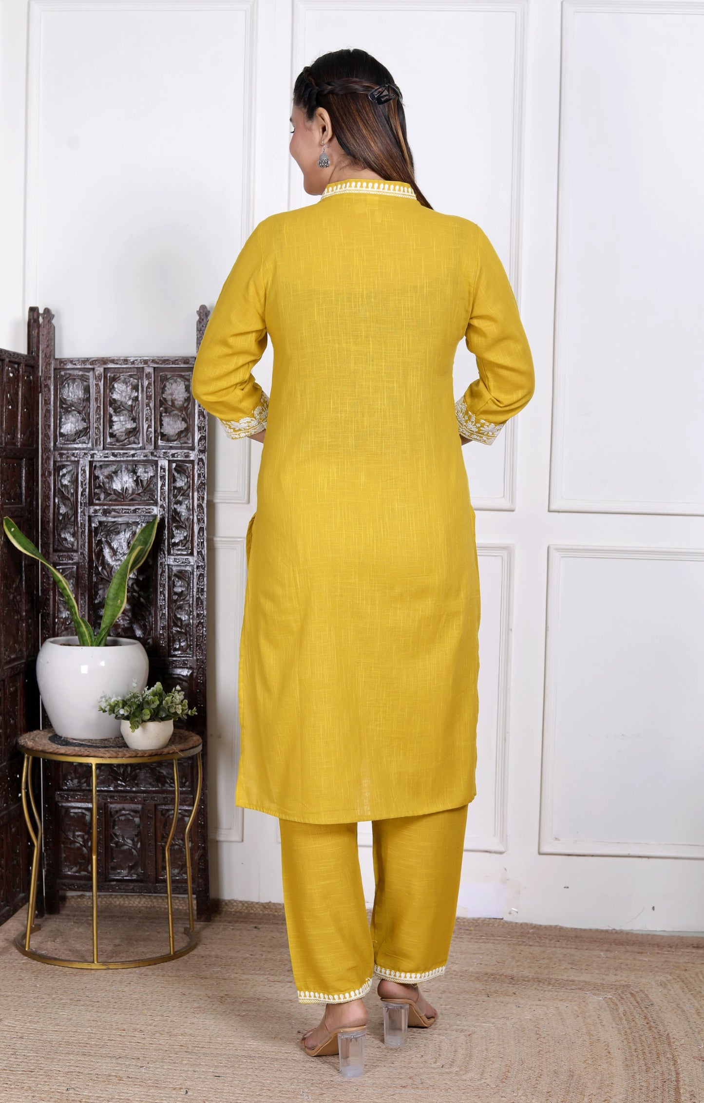 Women’s Mustard Yellow Embroidered Cotton Kurta Set with Straight Pants