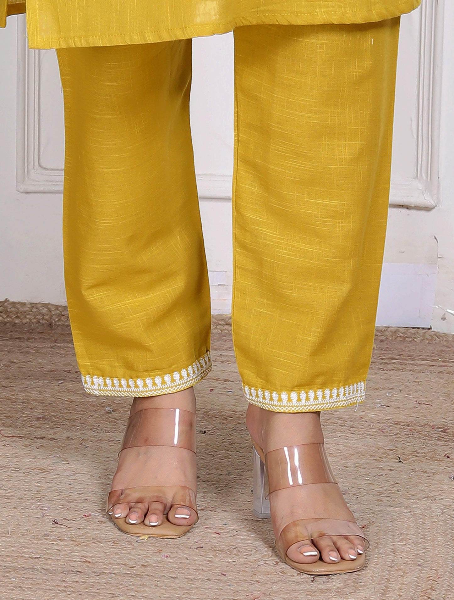 Women’s Mustard Yellow Embroidered Cotton Kurta Set with Straight Pants