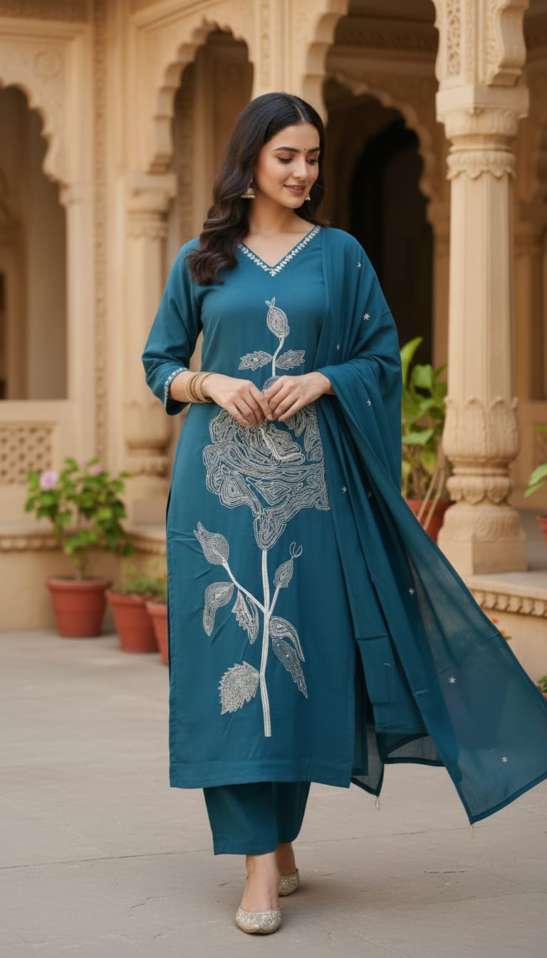 Women’s Teal Blue Embroidered Cotton Kurta Set with Dupatta