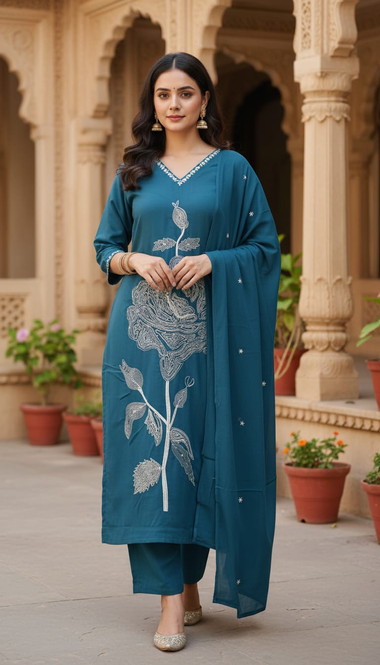 Women’s Teal Blue Embroidered Cotton Kurta Set with Dupatta