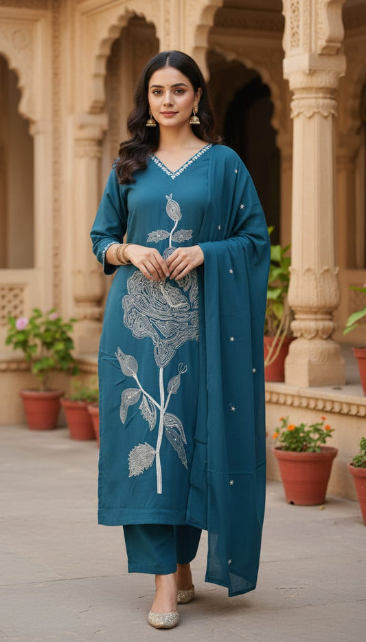 Women’s Teal Blue Embroidered Cotton Kurta Set with Dupatta