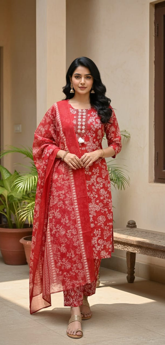 Ruaati Women Cotton Embroidery & Print Kurta Pant Dupatta Suit Set for Daily Wear