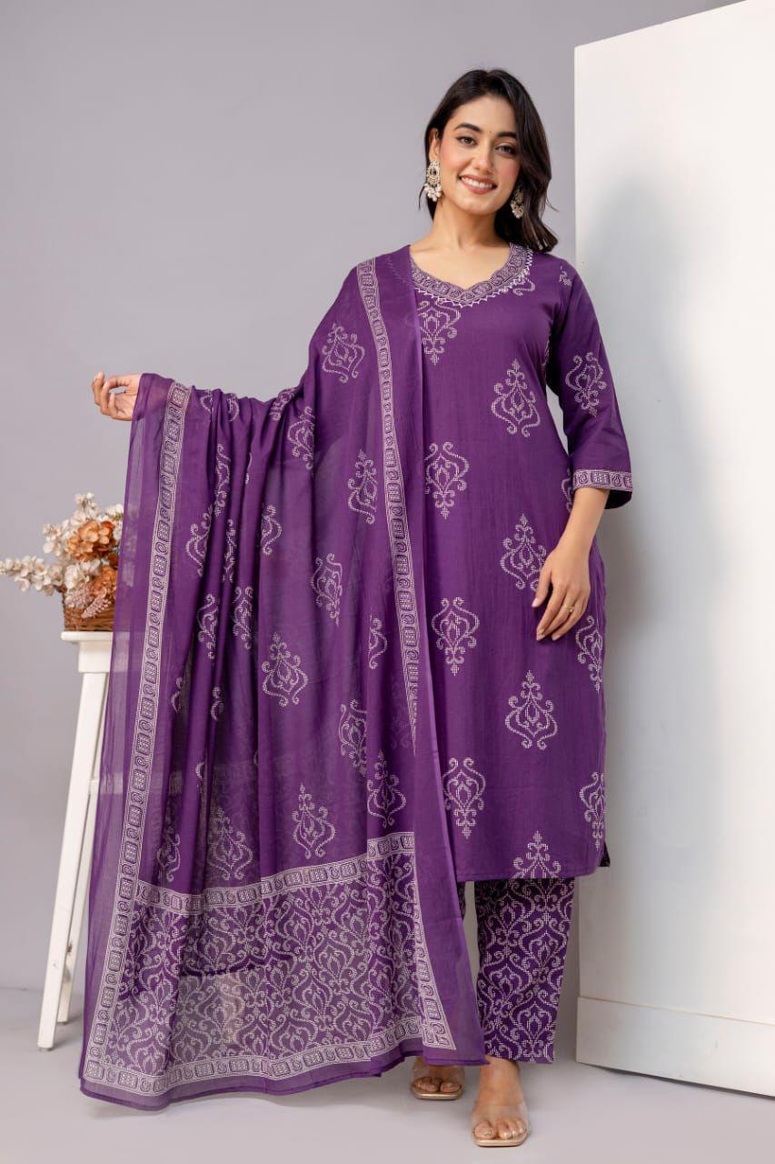 Ruaati Women Purple Embroidered Kurta Pant Set with Dupatta