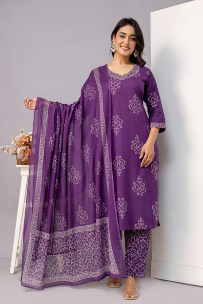 Ruaati Women Purple Embroidered Kurta Pant Set with Dupatta