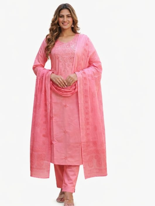 Ruaati Women Mul Cotton Embroidered Pink Kurta Sets with Dupatta Ethnic Wear