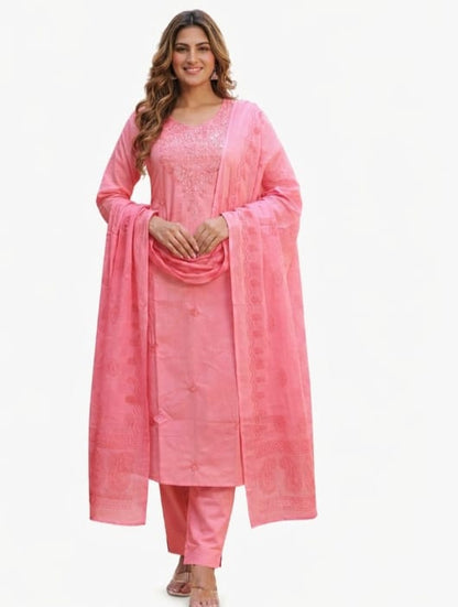 Ruaati Women Mul Cotton Embroidered Pink Kurta Sets with Dupatta Ethnic Wear