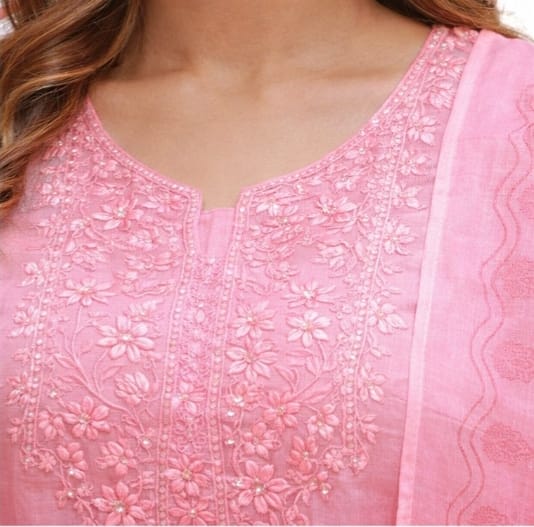 Ruaati Women Mul Cotton Embroidered Pink Kurta Sets with Dupatta Ethnic Wear