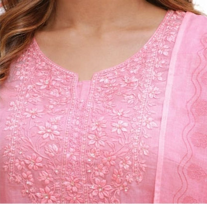 Ruaati Women Mul Cotton Embroidered Pink Kurta Sets with Dupatta Ethnic Wear