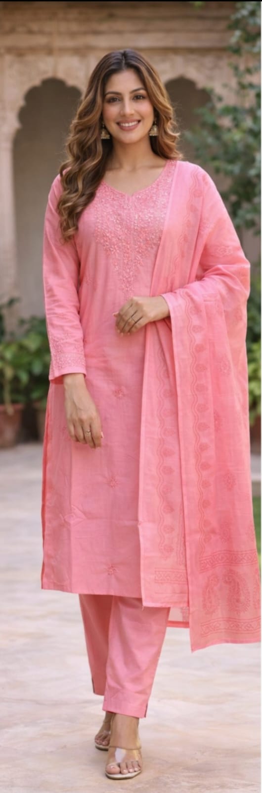 Ruaati Women Mul Cotton Embroidered Pink Kurta Sets with Dupatta Ethnic Wear