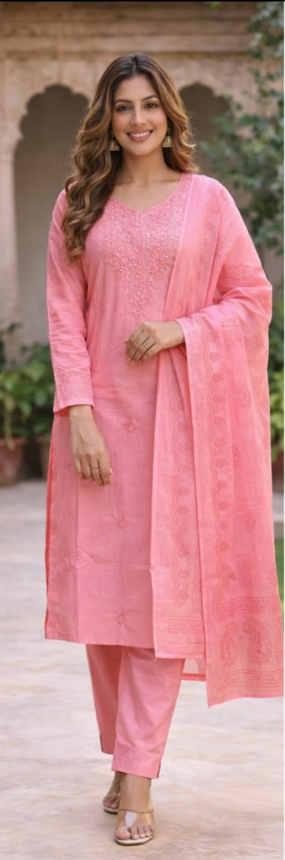 Ruaati Women Mul Cotton Embroidered Pink Kurta Sets with Dupatta Ethnic Wear