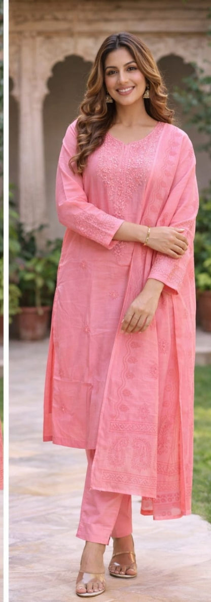 Ruaati Women Mul Cotton Embroidered Pink Kurta Sets with Dupatta Ethnic Wear