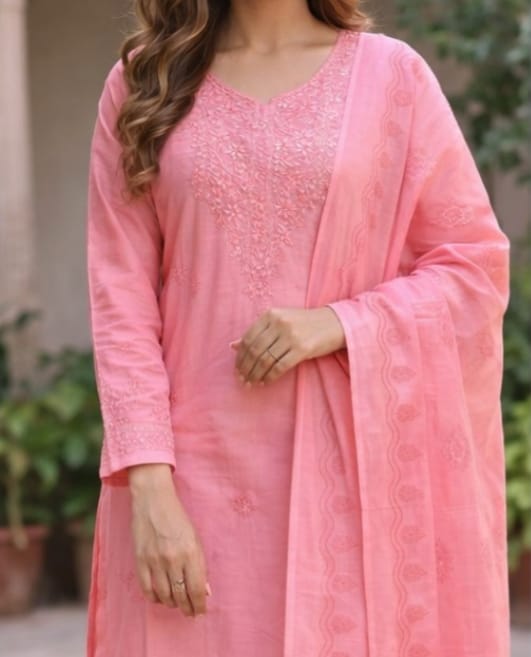Ruaati Women Mul Cotton Embroidered Pink Kurta Sets with Dupatta Ethnic Wear