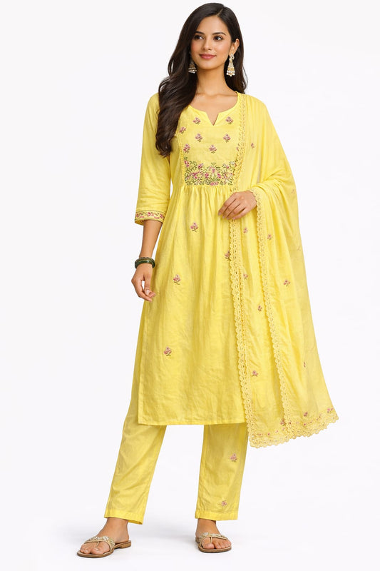 Ruaati Women Pure Mul Cotton Yellow Embroidery Kurta Pant Dupatta Set