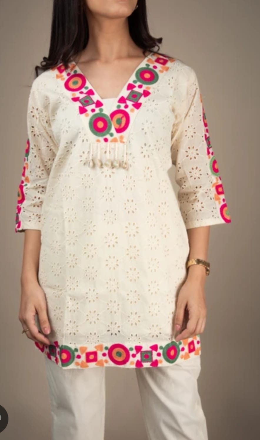 Ruaati Women White Embroidered Kurta Set with Multicolor Neck Design