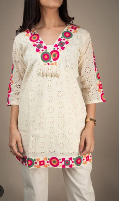 Ruaati Women White Embroidered Kurta Set with Multicolor Neck Design