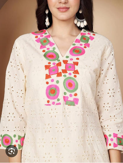 Ruaati Women White Embroidered Kurta Set with Multicolor Neck Design