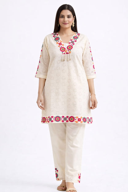Ruaati Women White Embroidered Kurta Set with Multicolor Neck Design