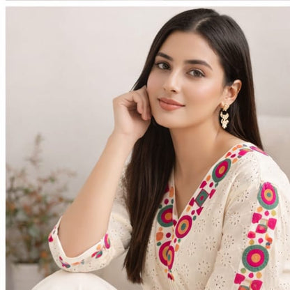 Ruaati Women White Embroidered Kurta Set with Multicolor Neck Design