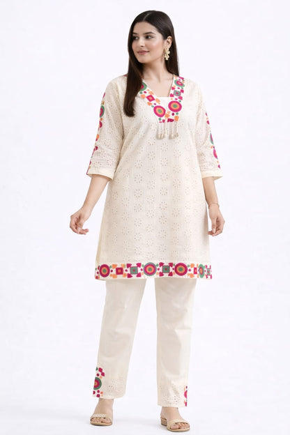 Ruaati Women White Embroidered Kurta Set with Multicolor Neck Design