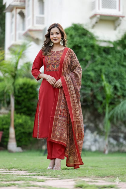Ruaati Women Red Embroidered Kurta with Ethnic Yoke Design