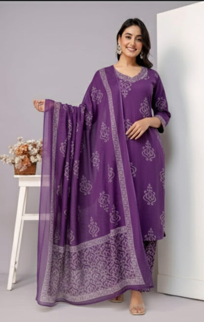 Ruaati Women Purple Embroidered Kurta Pant Set with Dupatta